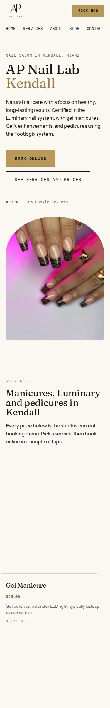 The AP Nail Lab homepage on a phone: nail photo, name, book button, rating